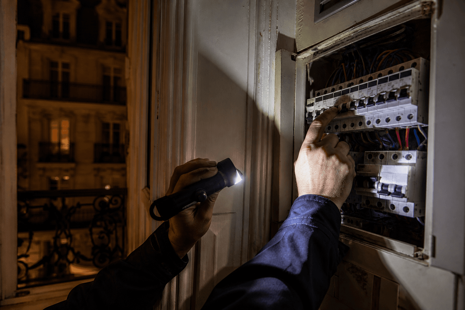 Before — tripped electrical panel, Paris emergency