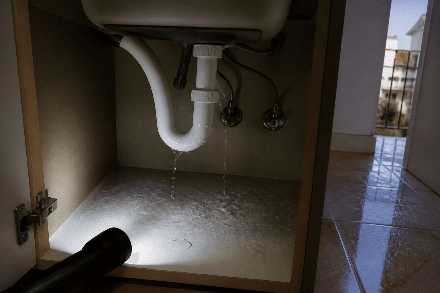 Before — under-sink leak, Málaga plumbing emergency